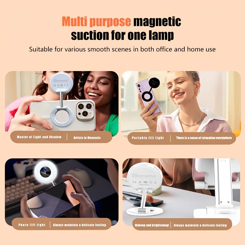 Magnetic Selfie Light, iPhone MagSafe-Compatible Phone Light. 360° LED Selfie Ring Fill Light with Foldable Stand and Mirror
