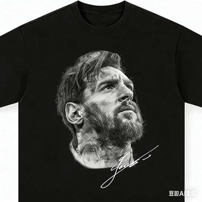 Camiseta Casual de Algodão de Manga Curta Preta Estilosa com Retrato de Lionel Messi para Mulheres e Homens