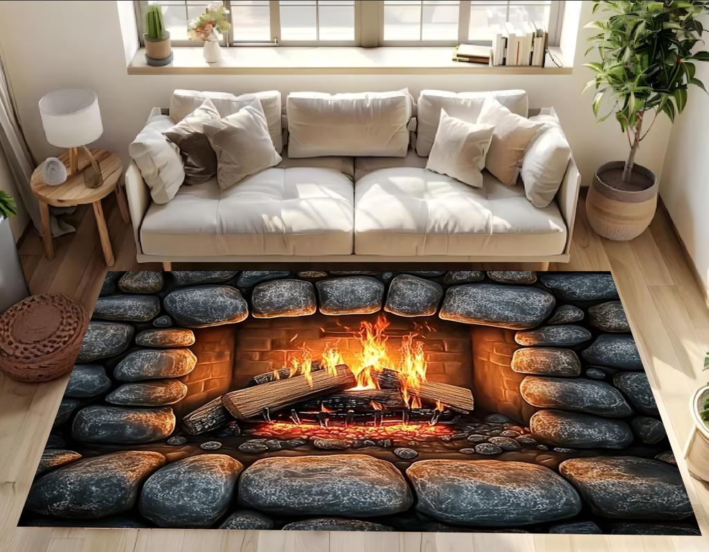 Carpet Mat Non-Slip 3D Stone Flame Illusion Area Rug Non-Slip Backing for Living Room Bathroom Camping Floor Mat Home Decor Mat