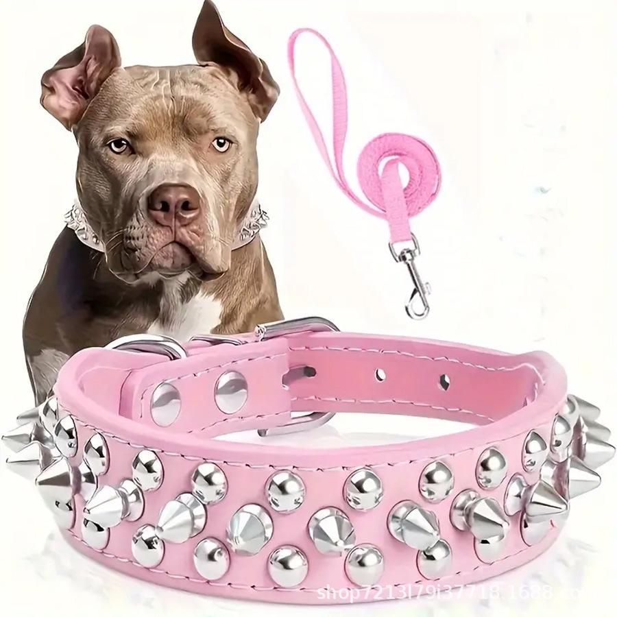 Punk Studded Rivet Dog Collar and Leash Set XS розовый