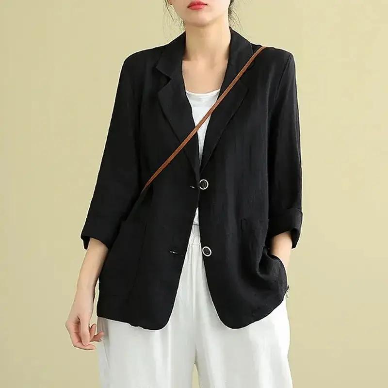 Costume Court d'Été en Coton et Lin Blazer Femme Mode Manteau Fin Manches Trois-quarts Vestes Blazers Décontractées