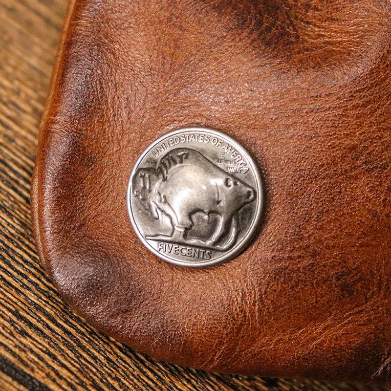 Simple Top Layer Cowhide Vegetable Tanned Leather Retro Women's Sachet Mini Key Bag Card Bag Coin Purse Storage Bag