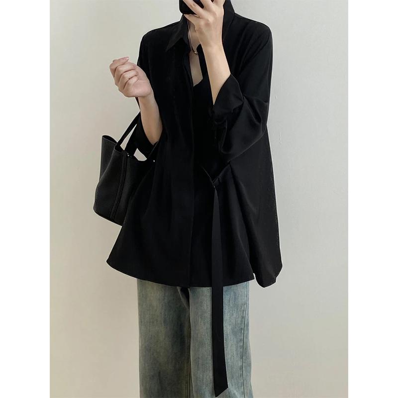 Camicie da donna eleganti con cintura e lacci, a maniche lunghe, larghe e chic, da ufficio, tinta unita e semplici.