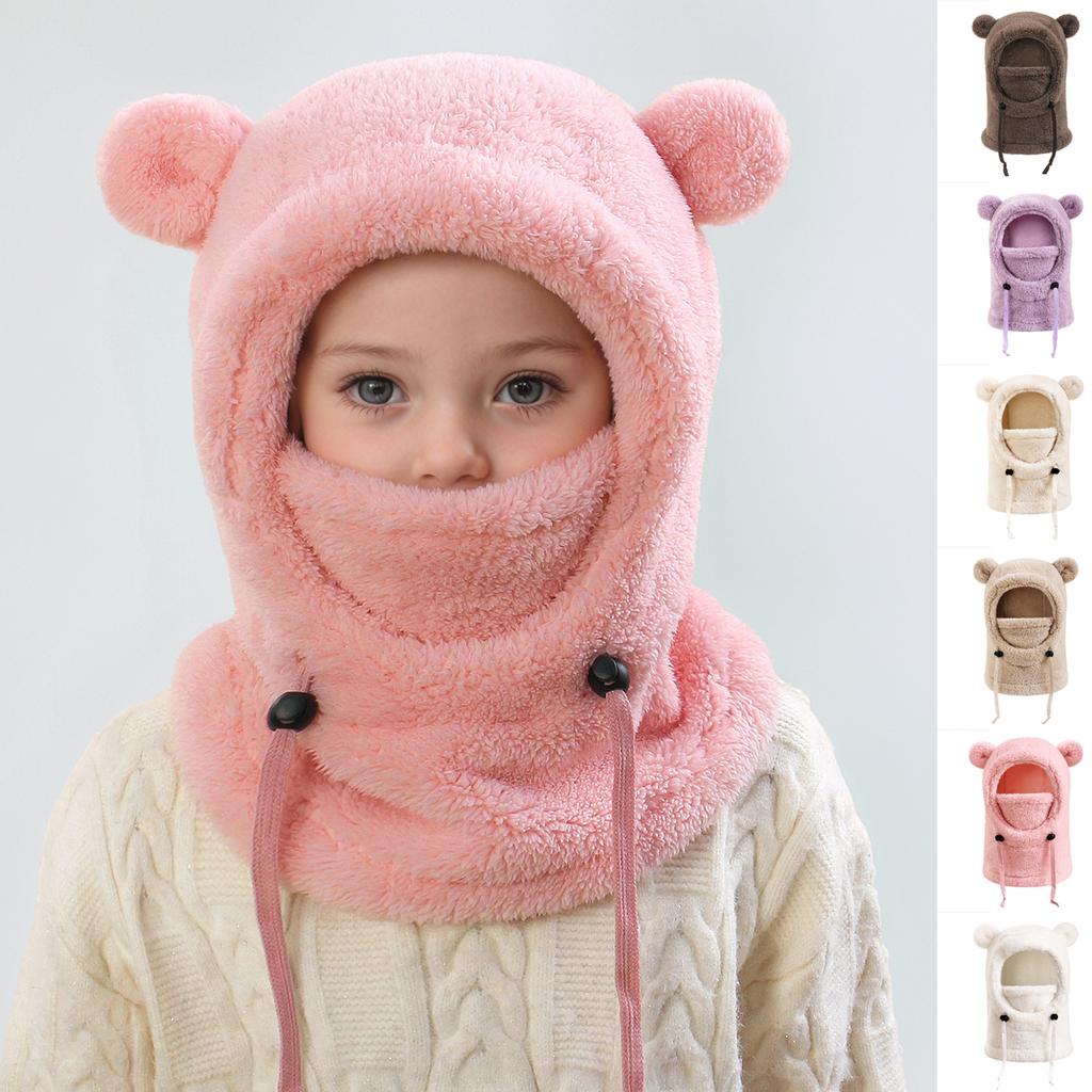 Children's Plush Warm Ear Pullover Hat With Plush Mask And Neck