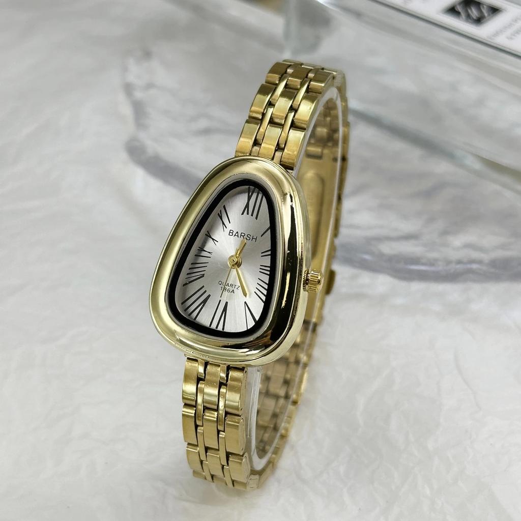 Damen Quarz Uhr mit unregelmäßigem Zifferblatt in Schlangenkopf-Optik, Edelstahlarmband, Armbanduhr, Mode, Luxusuhr