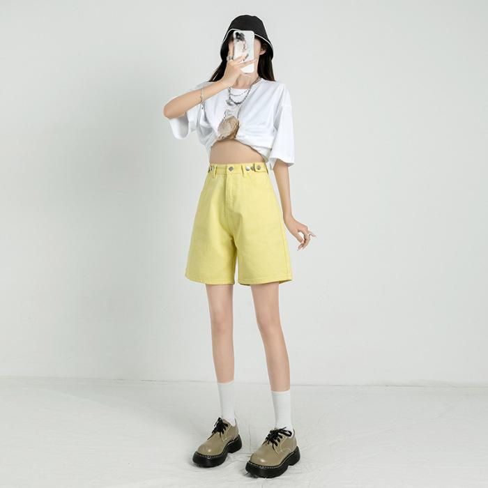

Шорты с поясом, джинсы, женские мешковатые Y2K, модные прямые винтажные уличные джинсовые летние свободные женские джинсовые короткие брюки L жёлтый