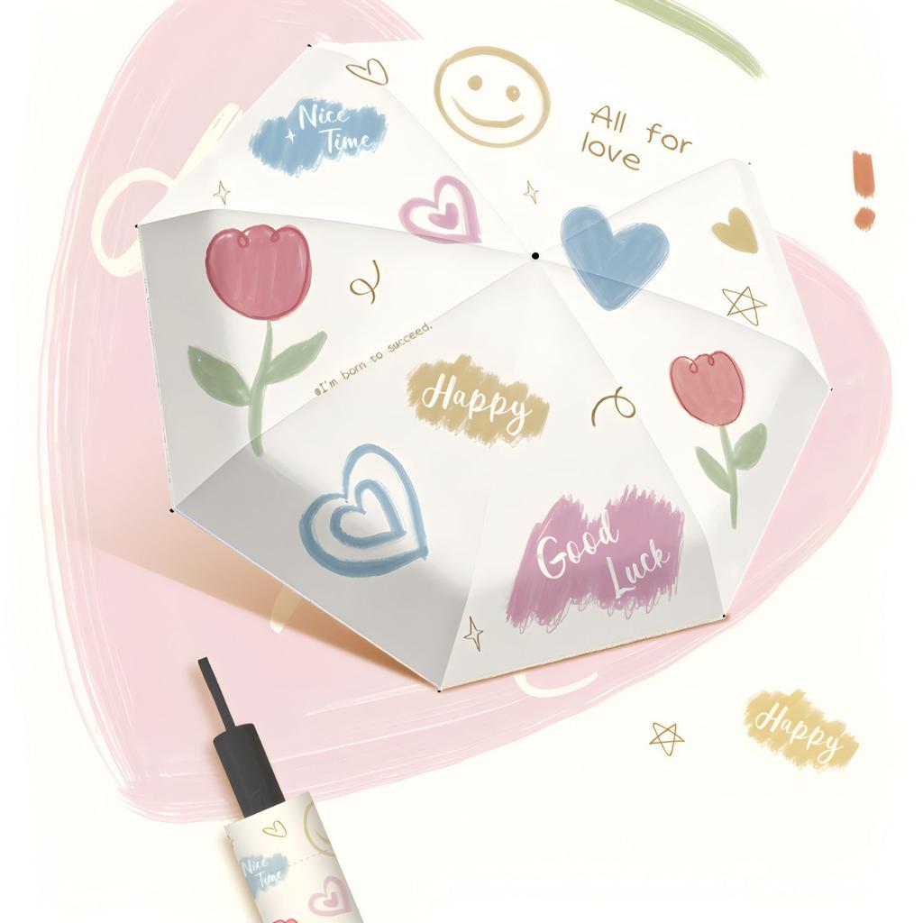 Small fresh love weather and rain umbrella vinyl sunscreen UV protection sun umbrella small portable folding umbrella