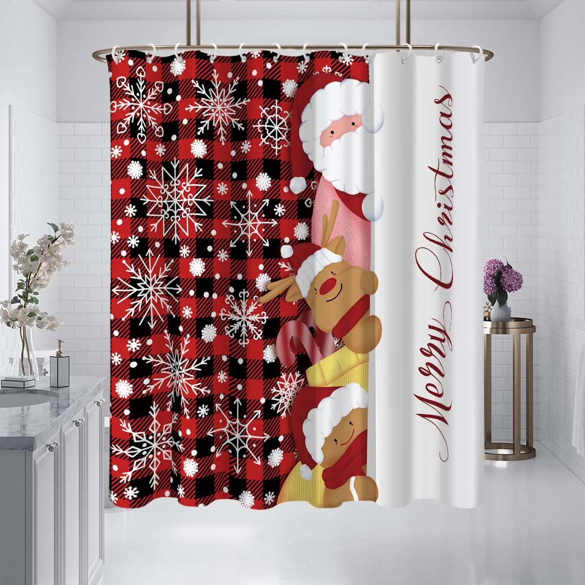 

JY011 180x180см Рождественская красная клетчатая занавеска для душа с принтом оленей и Санта-Клауса, перегородка для ванной комнаты 180x180cm