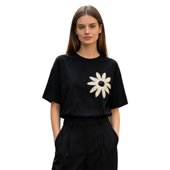 

Women T-shirt Round Neck Short Sleeve Loose Fit Tee Shirt Embroidered Flower Pattern Commuter Style Summer Tops S чорний