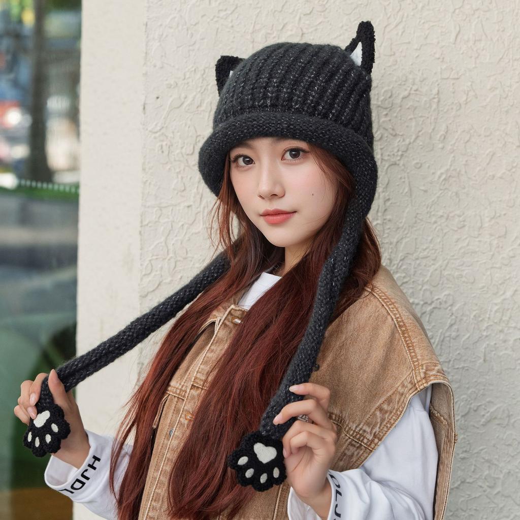 New cat ear knitted wool hat women's autumn and winter cold and warm ear protection hat casual versatile cute cat claw big head circumference