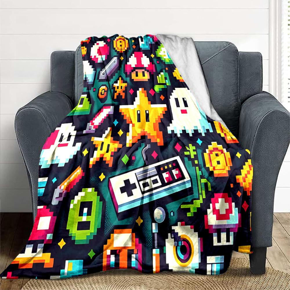 1pc Gaming PixelArt Flannel Throw Blanket HD Printed Lightweight Soft Warm All Season Blanket for Sofa, Bed, Travel, Camping Machine Washable