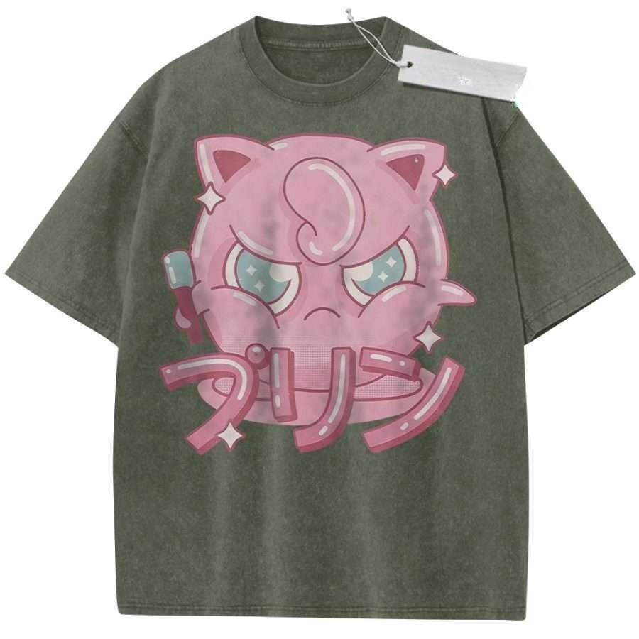 T Shirt Sports T Shirt Short Sleeve T Shirt Rose Red Unisex Pure Cotton Washed Vintage Pokemon Jigglypuff Anime Print