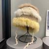 Fashion Rabbit Fur Patchwork Knit Bucket Hat Women Warm Fall Winter Large Head Size Face Slimming
