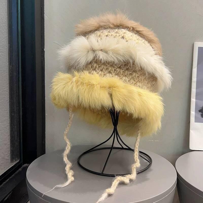 Fashion Rabbit Fur Patchwork Knit Bucket Hat Women Warm Fall Winter Large Head Size Face Slimming