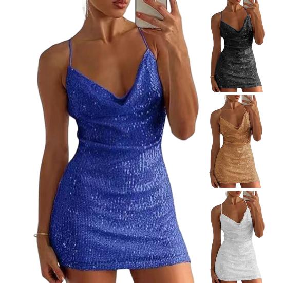 Damenkleid mit V-Ausschnitt, Spaghettiträger, glänzende Pailletten, rückenfrei, weich, ärmellos, schmale Passform, über dem Knie, Länge, Party, Club, Minikleid