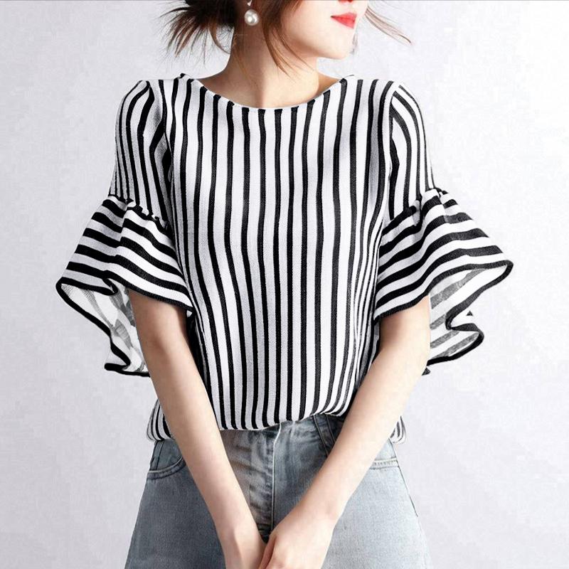 ZANZEA Kvinner Casual Rund Hals Løs Flare Erme Stripe Bluse