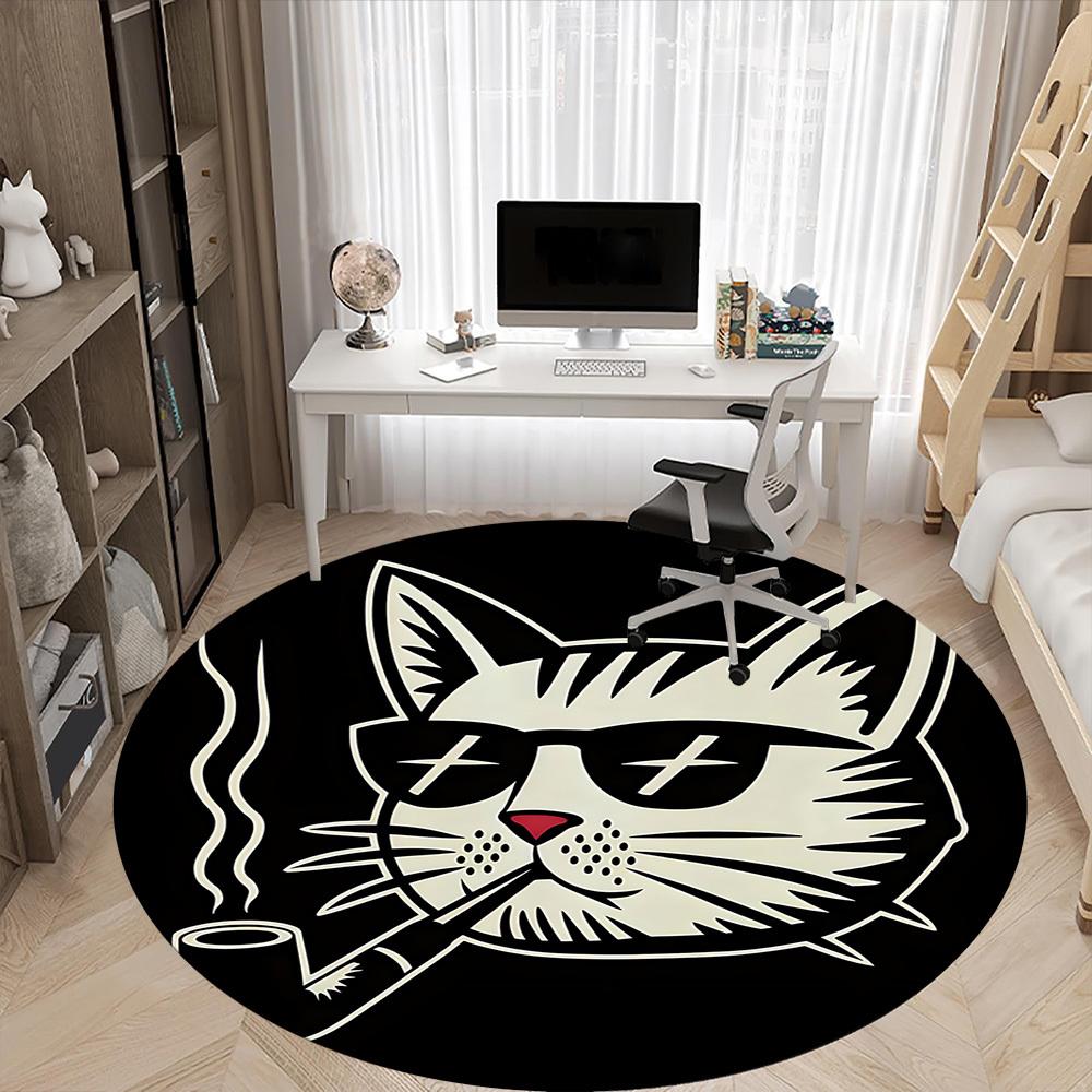 1pc Cat Office Round Area Rug, Under Office Chairs Bedroom Living Room Home Decor, Room Deco