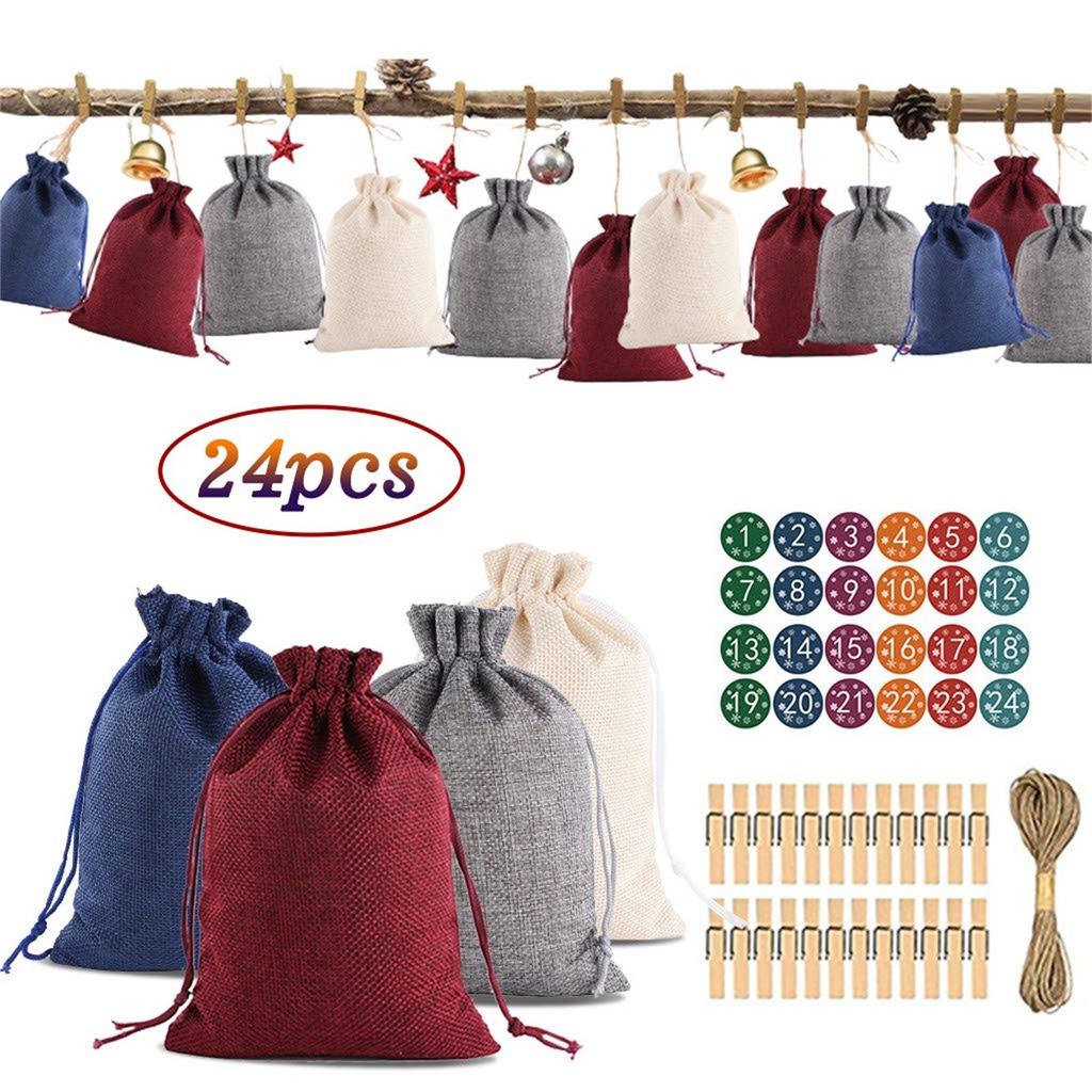 24PCS Christmas Themed Printed Linen Candy Bags Christmas Pattern Candy Bag Advent Calendar Bundle Cotton Linen Gift Bag