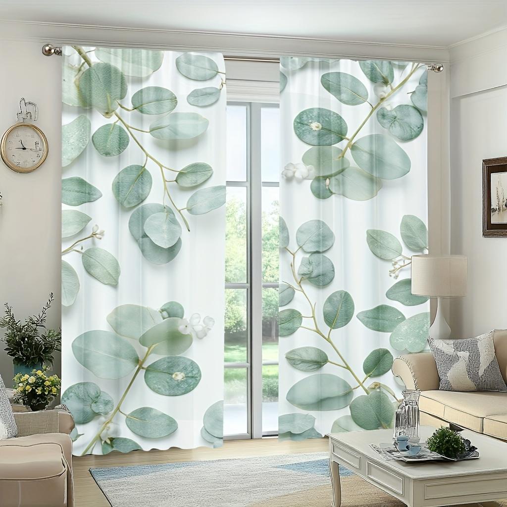 2 Pieces Green Leaf Print Curtains, Polyester Fabric, Machine Washable, Suitable For Bedroom Living Room Decoration