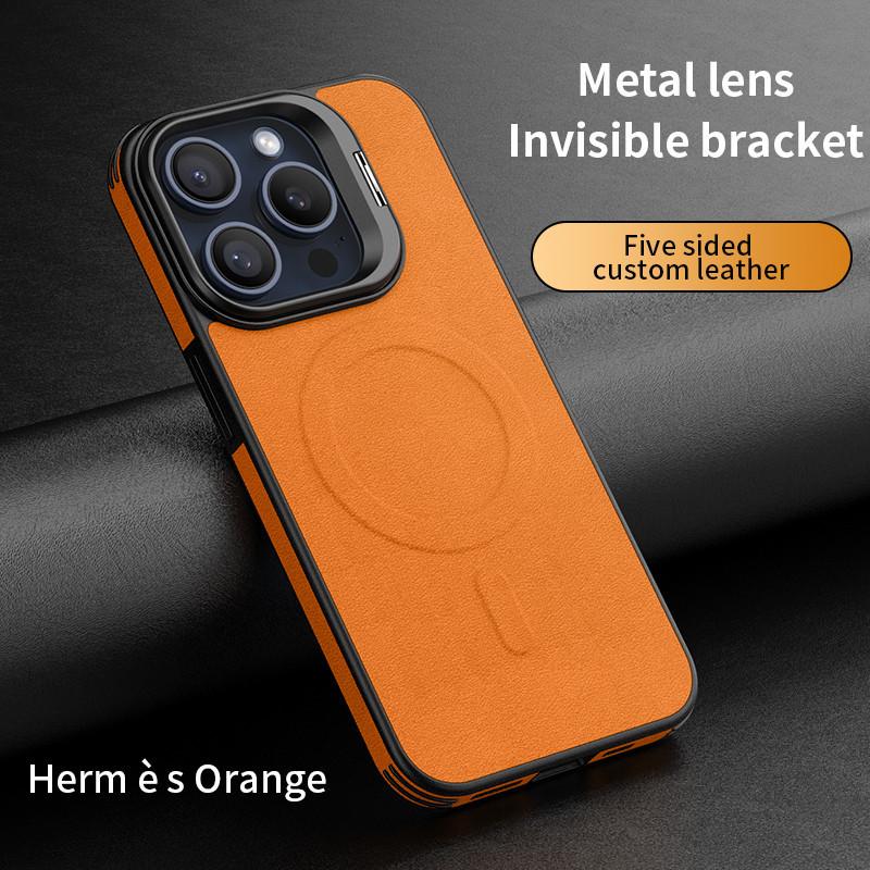 

Hidden Bracket Metal Len Leather Case for iPhone 16 Pro Max 15 Pro 14 13 Magnetic Charging Mobile Phone Protection Hard Cover For iPhone 13 помаранчевий
