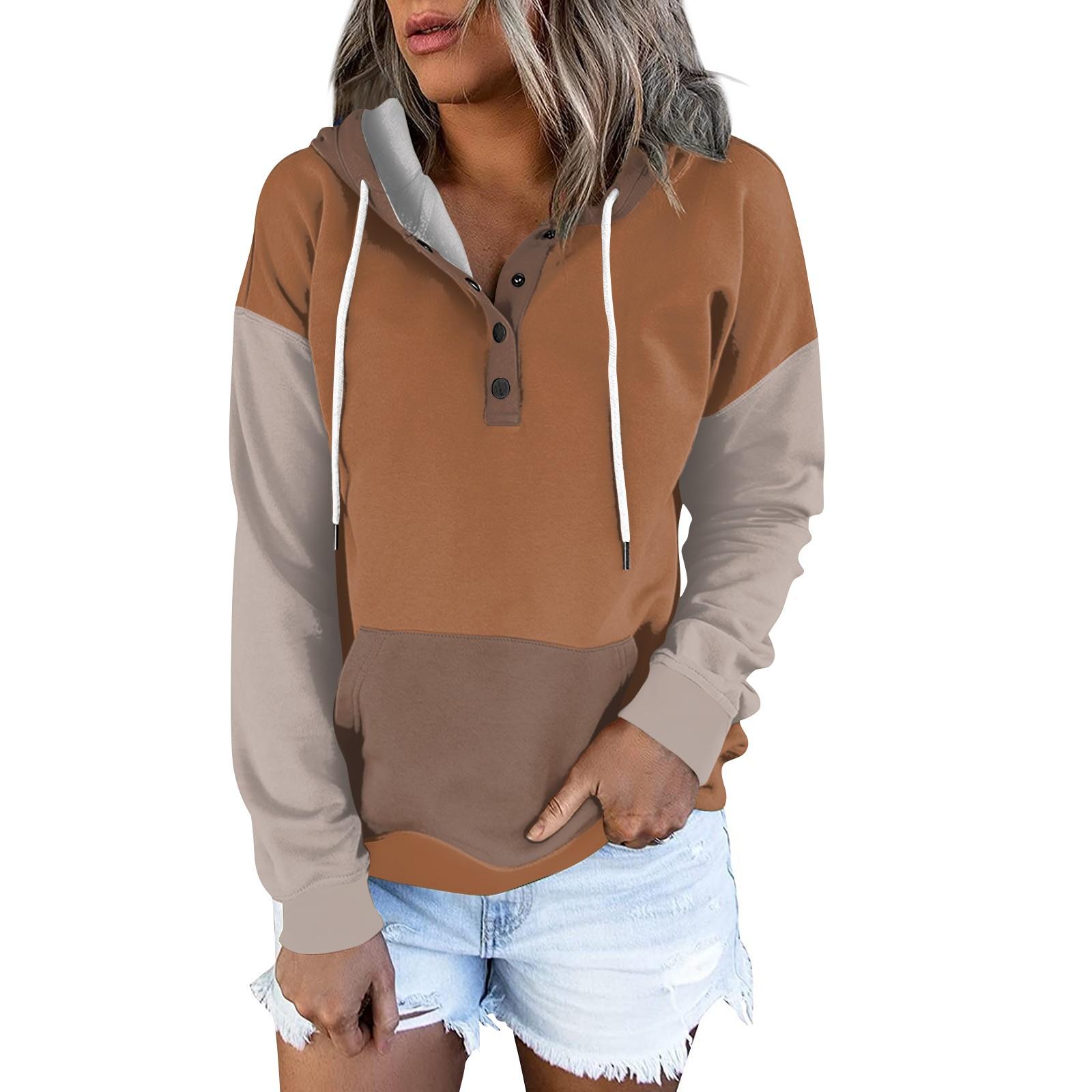 

Женские пуловеры с капюшоном, топы с принтом, повседневные толстовки с карманами на пуговицах и длинными рукавами XXL светло-коричневого