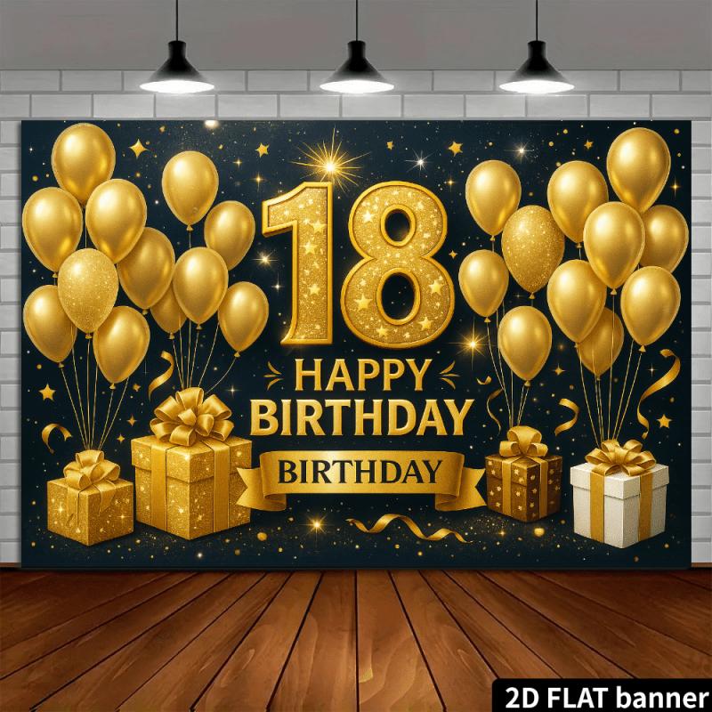 2D planar golden pattern birthday backdrop for 18-year-olds with black background and golden glittered numbers "18".PMJ