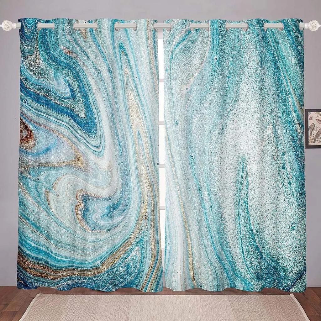 2pcs Black Golden Fluid Marble Print Polyester Curtain Window Treatment For Bedroom Office Kitchen Living Room Study Home Decor