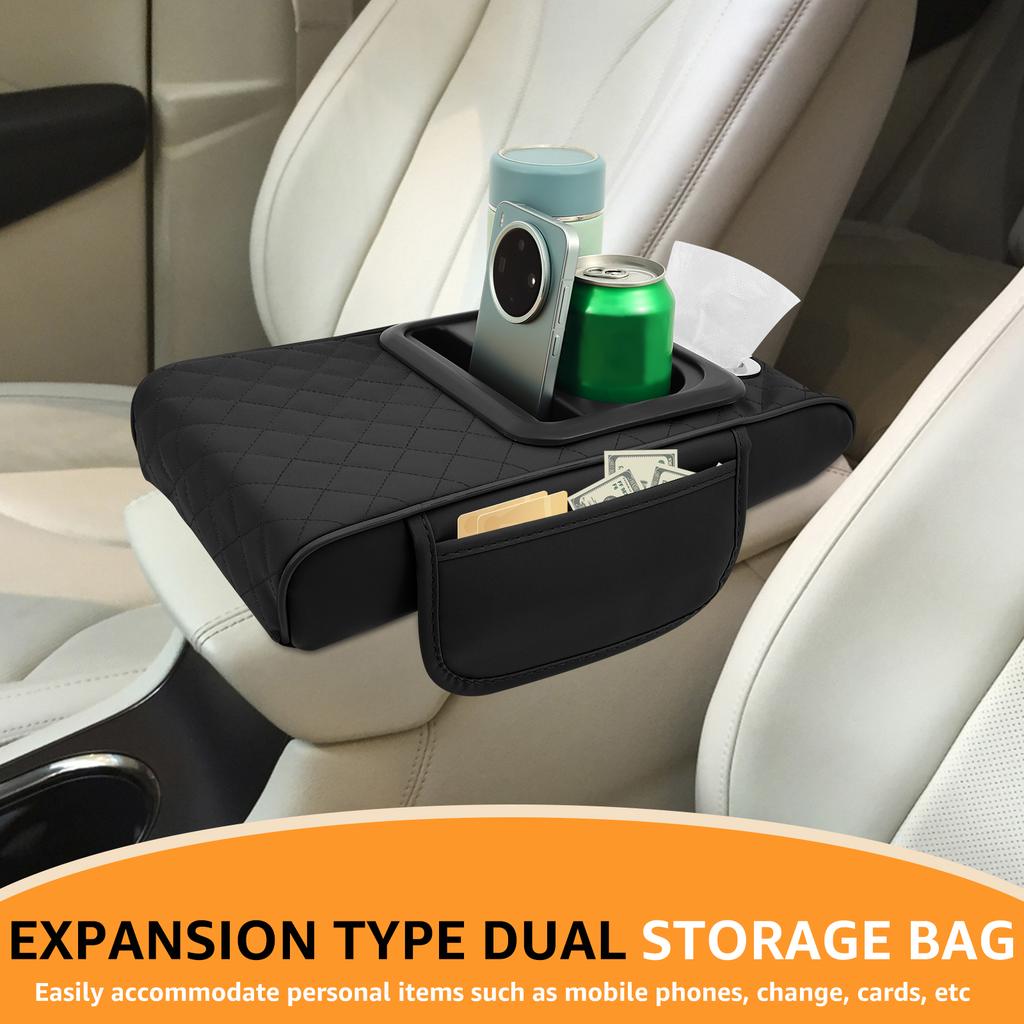 Auto Center Console Armrest Cushion with Pocket Tissue Cup Holder Leather Multifunctional Car Armrest Cushion Support Height Pad
