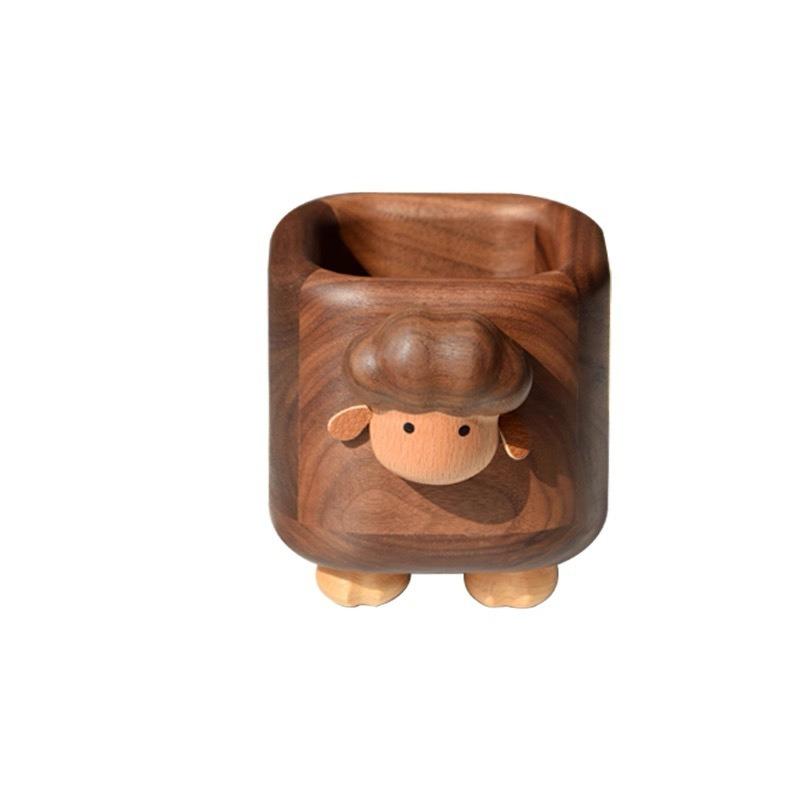 

1pc Walnut Wood Sheep-Shaped Pen Holder Storage Box Large Capacity Creative Wooden Gift Multi-Functional Desktop Decor Organizer коричневый