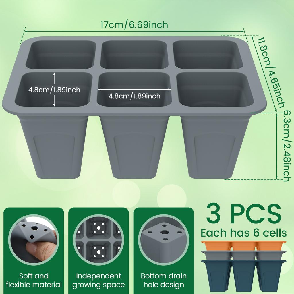 3Pc Seed Starter Tray 6 Cells Silicone Seedling Planting Tray Reusable Gardening Seedling Germination Container with Drain Holes