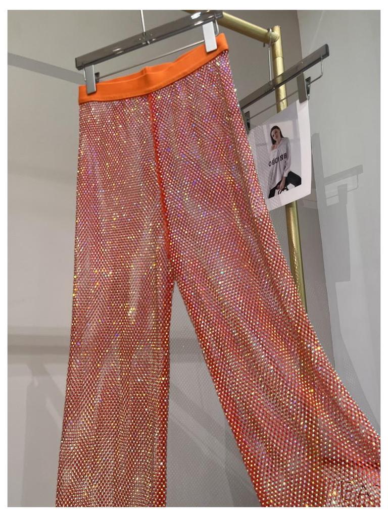 Letní sexy síťované kalhoty s výřezy a kamínky se širokými nohavicemi do nočního klubu