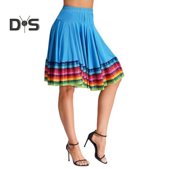 Midi Skirt Ladies Folk Dance Skirt Elastic High Waist Spanish Swing Skirt Rainbow Large Swing Hem Mexican Flamenco Performance Skirt