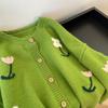 Woman Floral Jacquard Green Sweaters Forest Style Fashion Knitted Cardigan Autumn Versatile Lady Single Breasted Coat