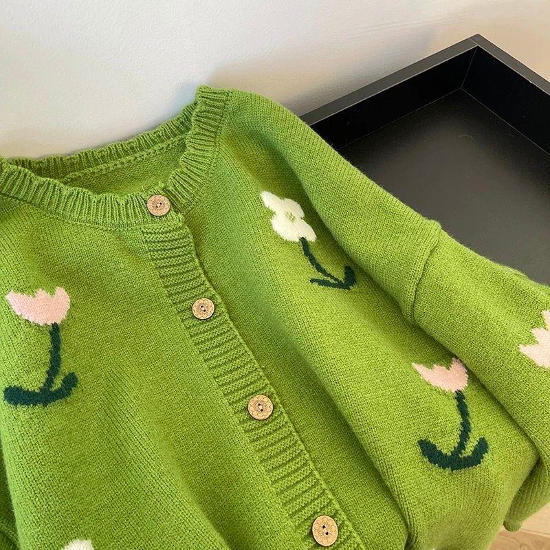 Woman Floral Jacquard Green Sweaters Forest Style Fashion Knitted Cardigan Autumn Versatile Lady Single Breasted Coat