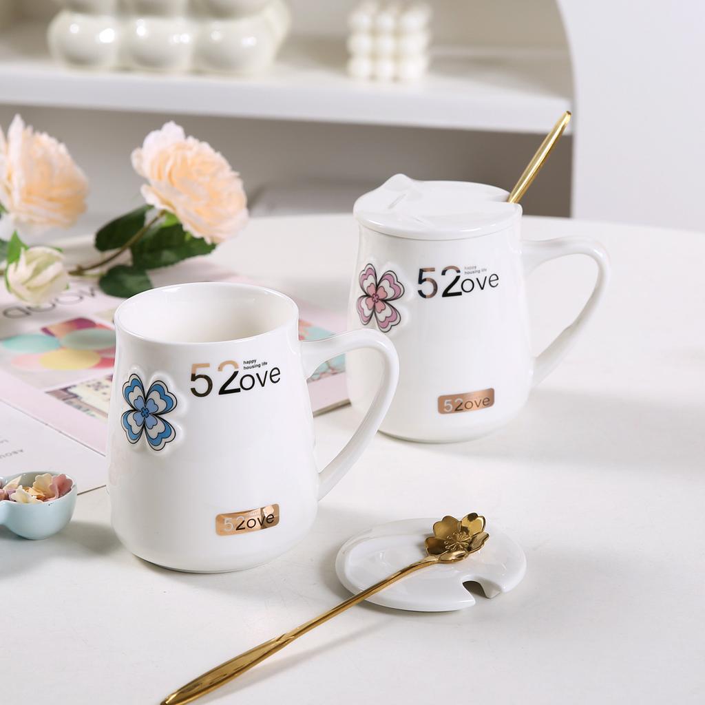 Paartasse Keramiktasse mit großem Fassungsvermögen mit Deckel und Löffel