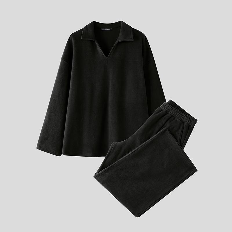 INCERUN Two Pieces Sets Winter Autumn Men Long Sleeve Furry Pullovers Long Pants Casual Outfits