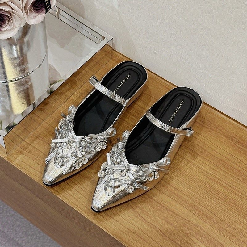 2025 early spring new French heightening pointed bag slippers women's shoes summer 2025 new bow rhinestones
