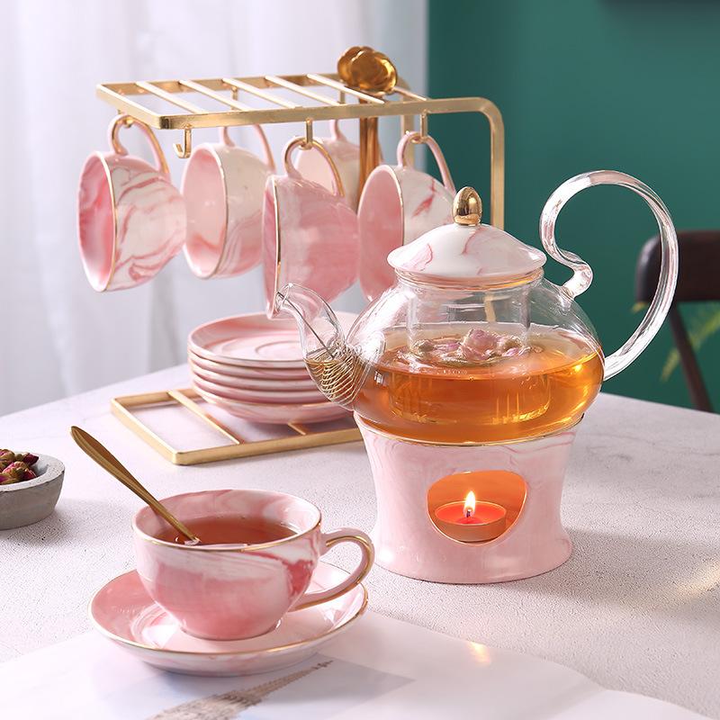 Ceramic Stone Flower Teapot Set Glass Candle Heating Fruit Tea Pot