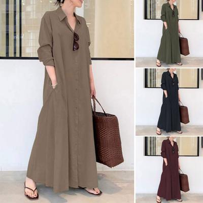 Women Spring Dress Turn-down Collar Loose Single-breasted Long Sleeve Pure Color Buttons Pockets Shirt Type Ankle Length Fall Daily Maxi Dress