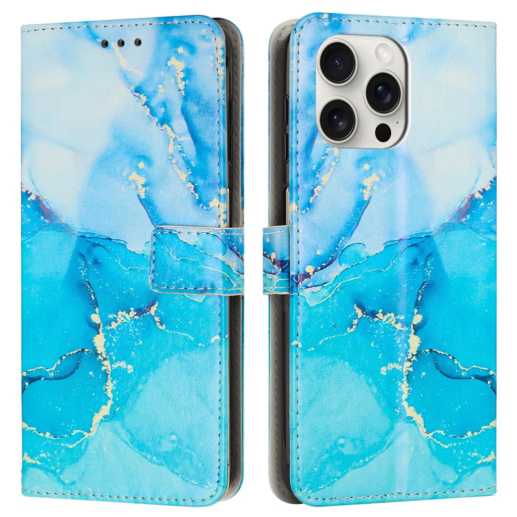 For iPhone 16 Pro Stand Case Marble Pattern PU Leather Wallet Phone Cover with Wrist Strap