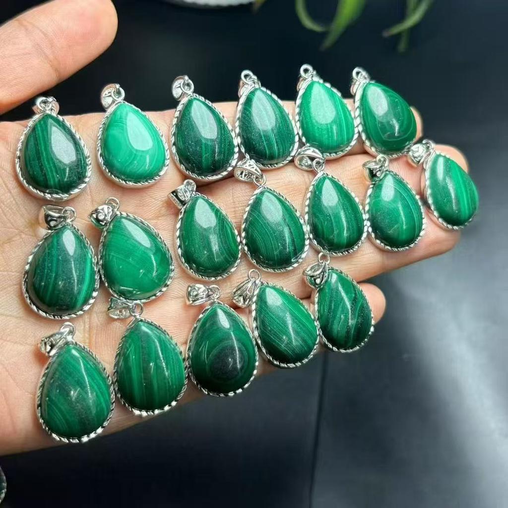 Handmade Spiritual Healing Crystal Stones 925 Silver Plated  Natural Malachite Water Drop Pendant  for Anti Stress and Anxiety