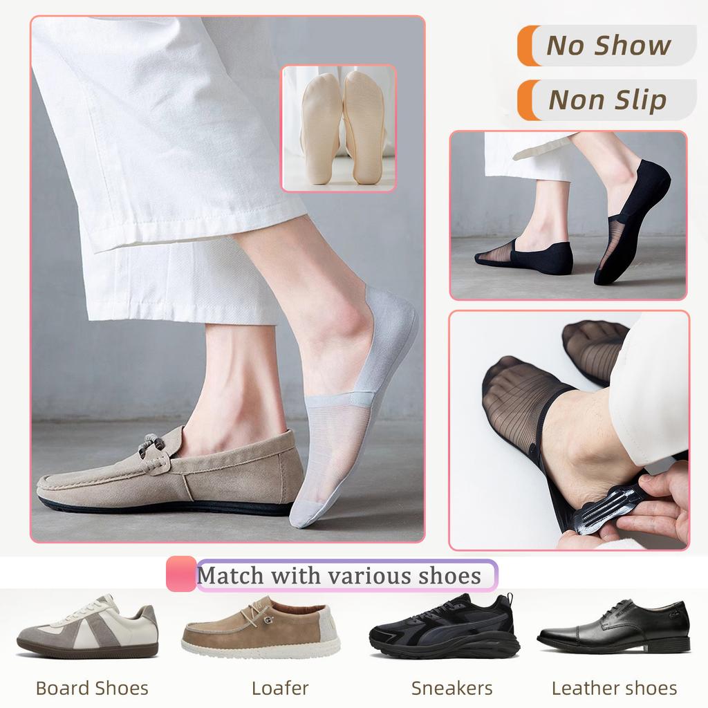 Men Ice Silk Mesh No Show Socks, Non Slip Silicone Invisible Low Cut Cotton Sole Breathable Liner Socks for Loafers Sneakers EU38-43