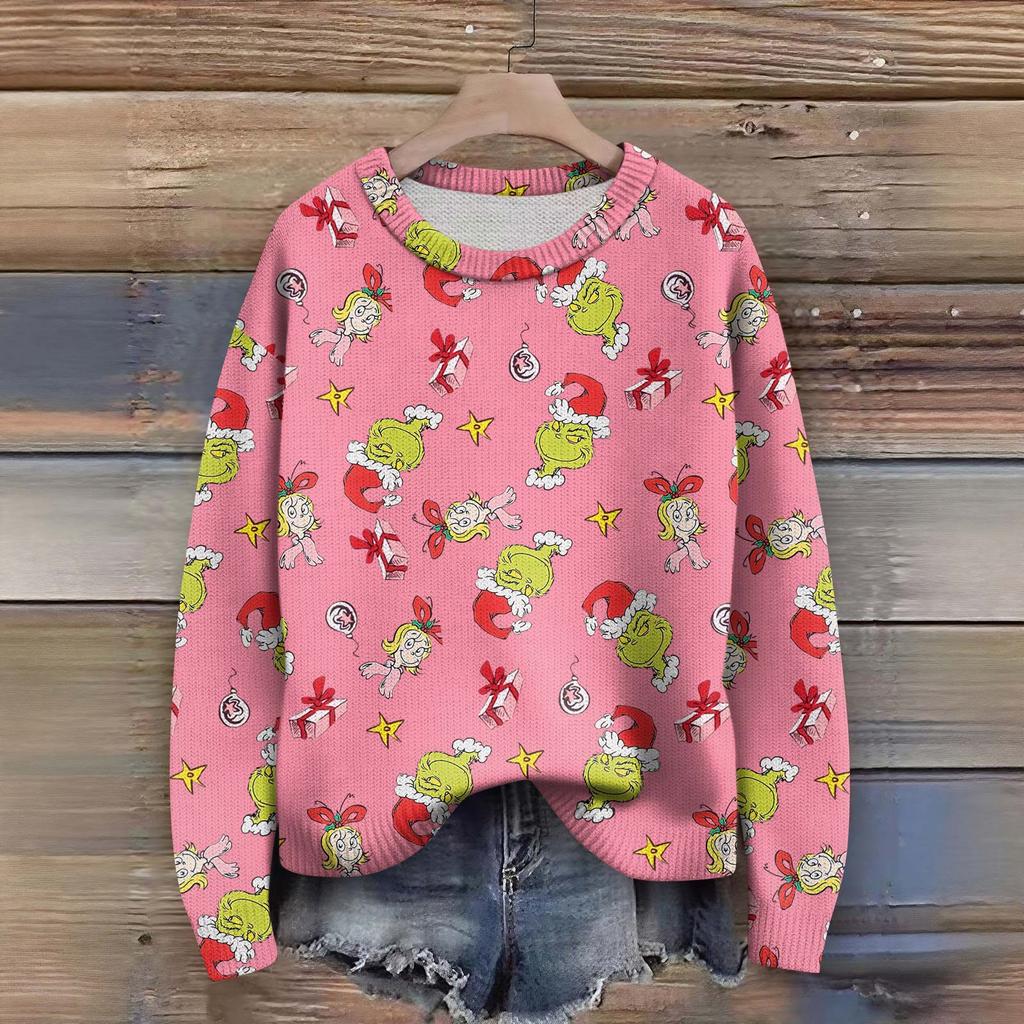 Long Sleeve Pullover Sweaters For Women O Neck Casual Cute Printing Knit Oversized Sweater