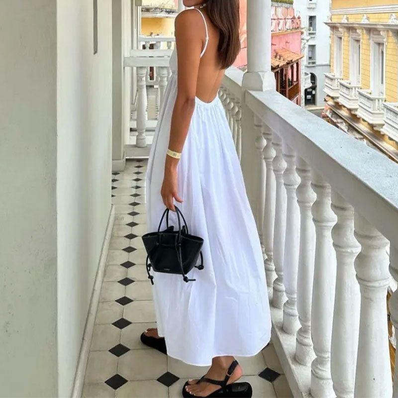 

Strap Dress New European and American Women clothes Temperament Sexy Backless Sleeveless Solid V-neck Sling Big Hemline Dress White L