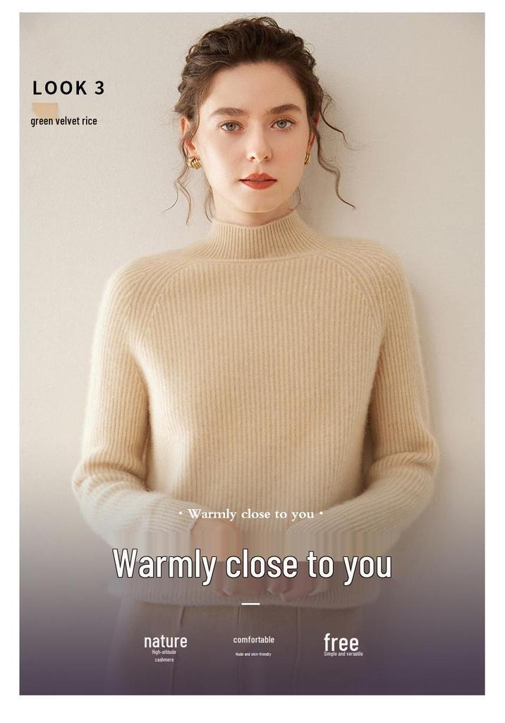2024 Women's Autumn/Winter High Neck Seven-Needle Ribbed Cashmere Raglan Sweater