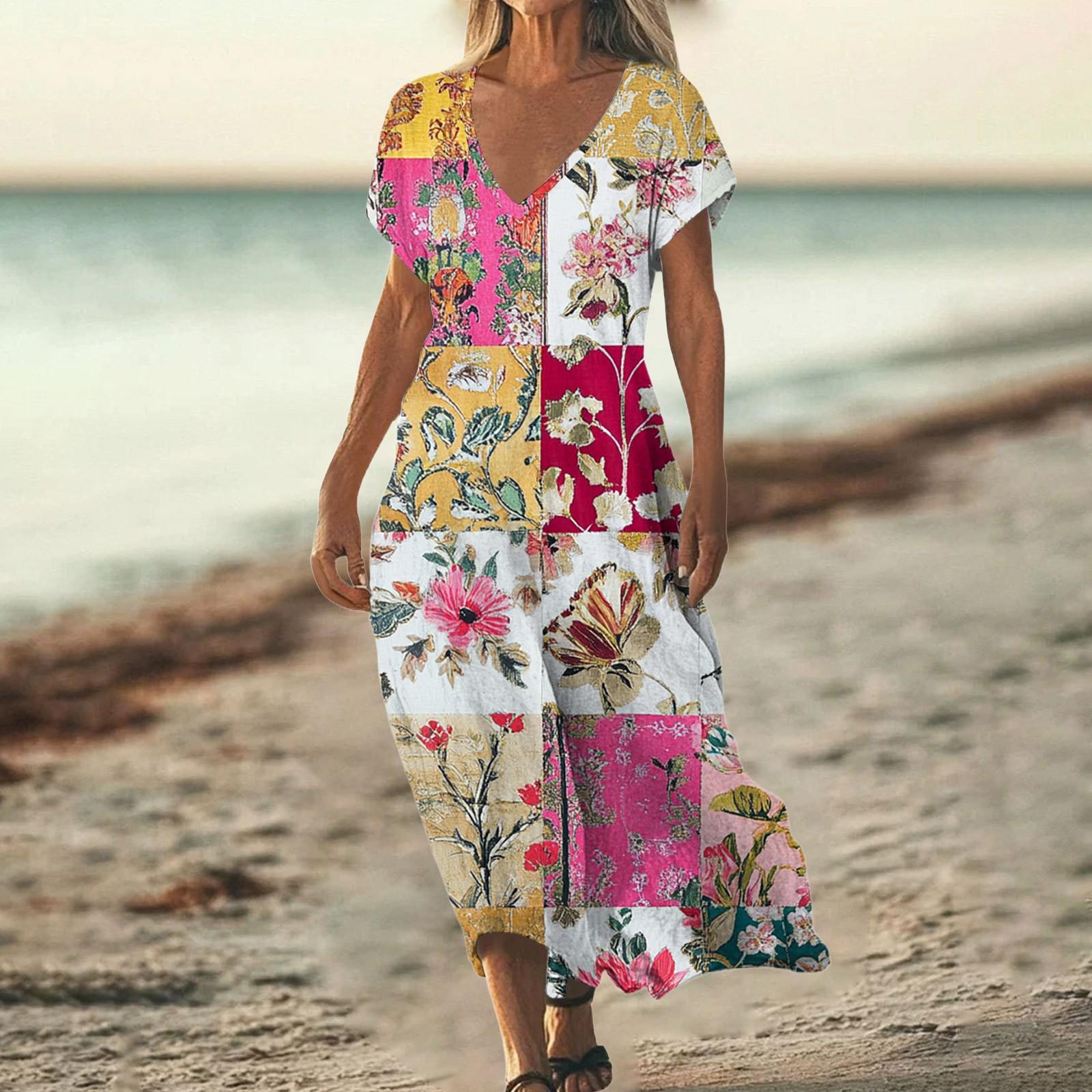 

Модное женское летнее пляжное платье с V-образным вырезом и коротким рукавом из хлопка и льна с винтажным цветочным принтом XL розовый