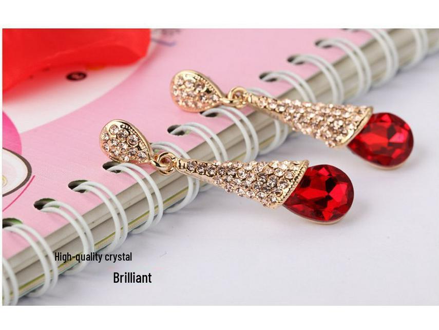 Korean-Style Red Rhinestone Bridal Ear Clips for Women