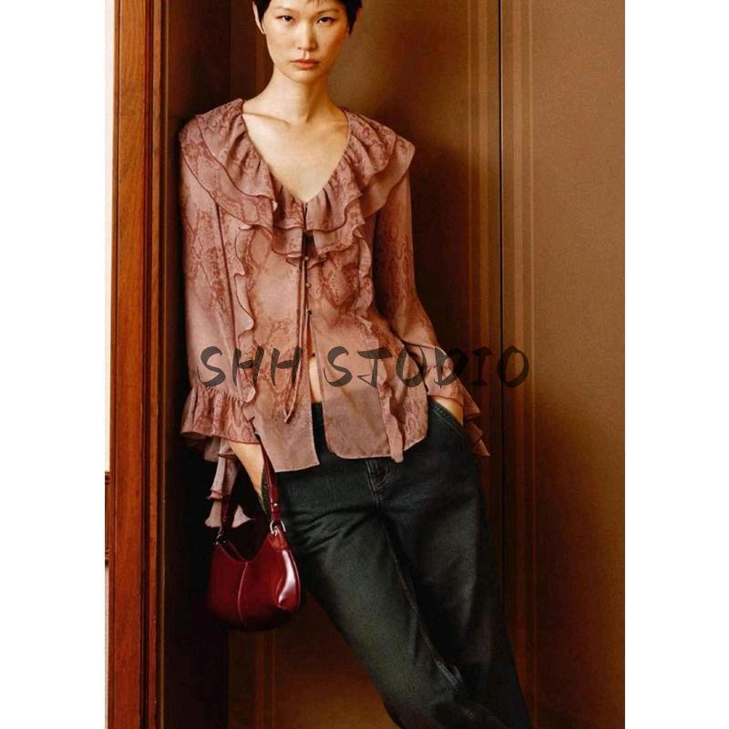 Spring New Women's New Year Series Lotus Collar Long Sleeves Animal Pattern Print Laminated Shirt 2067103