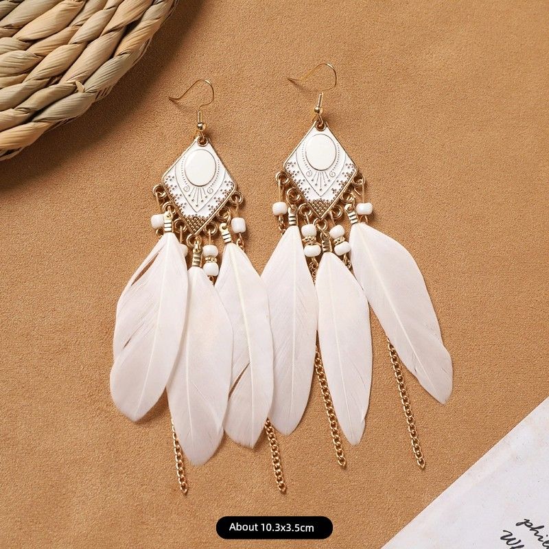 Ethnic Style Bohemia Feather Earrings White Long Style Fashion Retro Stylish Tassel Female Holiday Trip Shoot Earrings
