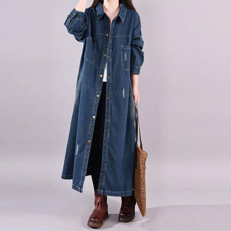 Damen Lange Denim Baumwolljacke Lockerer Trenchcoat Große Größe Einfarbige